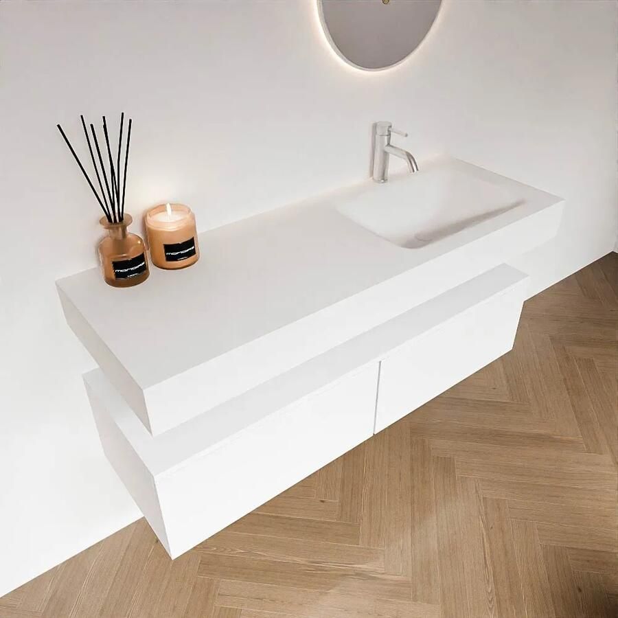 Zaro Alan badmeubel 130cm talc 2 lades met vrijhangende wastafel cloud rechts 1 kraangat talc