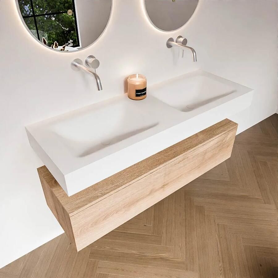 Zaro Alan badmeubel 130cm washed oak 1 lade met vrijhangende wastafel cloud dubbel zonder kraangat talc