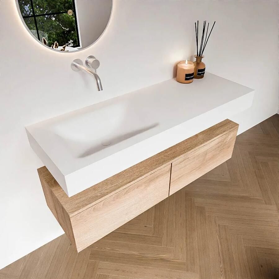 Zaro Alan badmeubel 130cm washed oak 2 lades met vrijhangende wastafel cloud links zonder kraangat talc