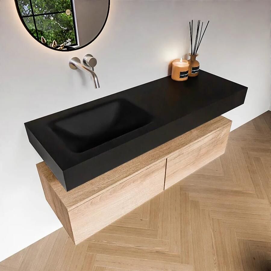 Zaro Alan badmeubel 130cm washed oak 2 lades met vrijhangende wastafel cloud links zonder kraangat urban