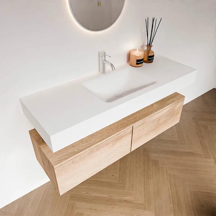 Zaro Alan badmeubel 130cm washed oak 2 lades met vrijhangende wastafel cloud midden 1 kraangat talc