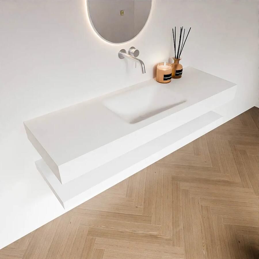 Zaro Alan badmeubel 140cm met planchet talc en vrijhangende wastafel cloud midden zonder kraangat talc