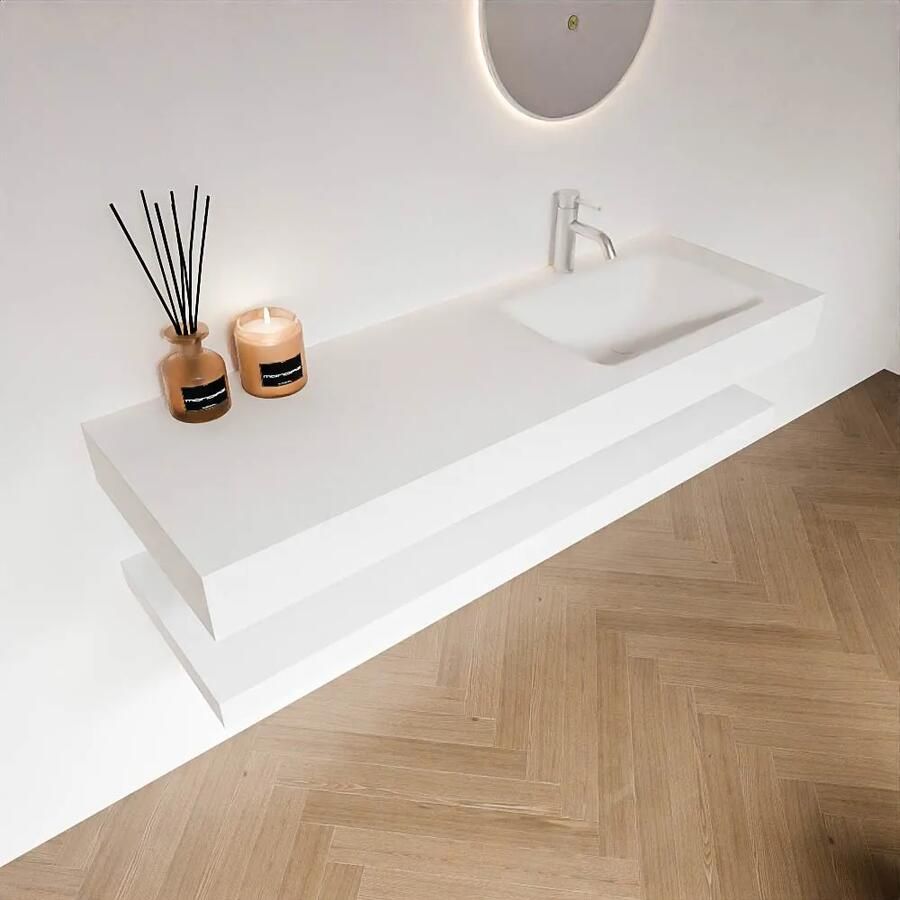 Zaro Alan badmeubel 140cm met planchet talc en vrijhangende wastafel cloud rechts 1 kraangat talc