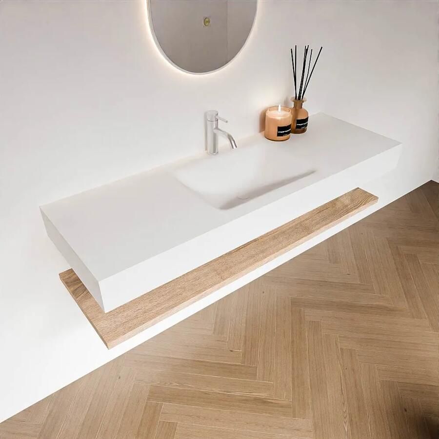 Zaro Alan badmeubel 140cm met planchet washed oak en vrijhangende wastafel cloud midden 1 kraangat talc