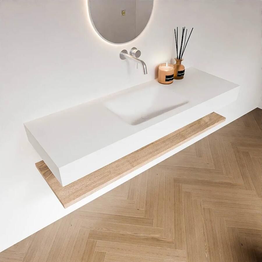 Zaro Alan badmeubel 140cm met planchet washed oak en vrijhangende wastafel cloud midden zonder kraangat talc