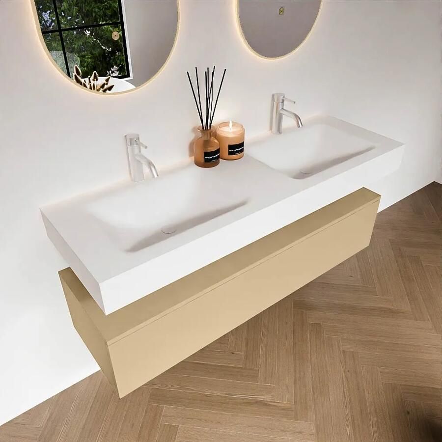 Zaro Alan badmeubel 140cm sand 1 lade met vrijhangende wastafel cloud dubbel 2 kraangaten talc