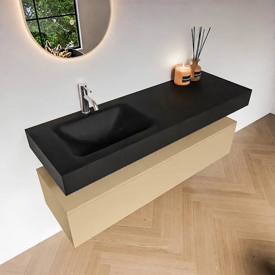 Zaro Alan badmeubel 140cm sand 1 lade met vrijhangende wastafel cloud links 1 kraangat urban