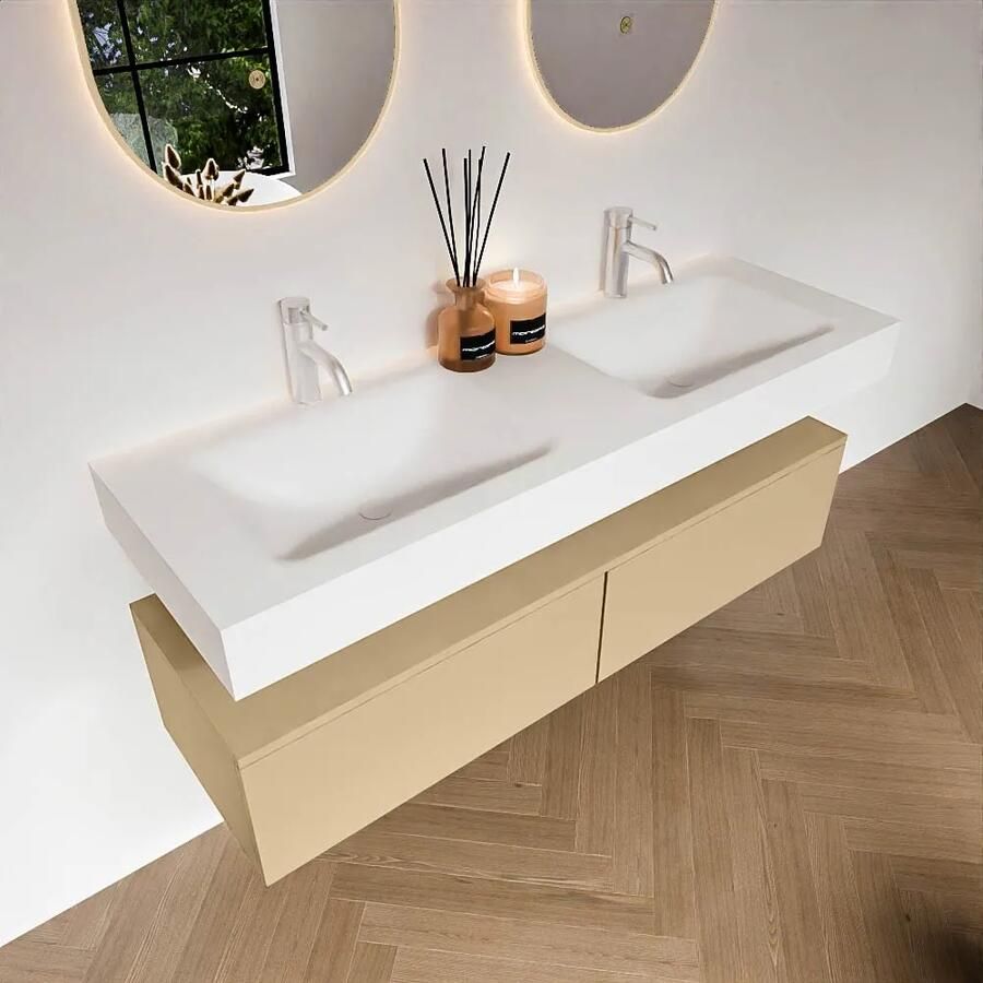 Zaro Alan badmeubel 140cm sand 2 lades met vrijhangende wastafel cloud dubbel 2 kraangaten talc