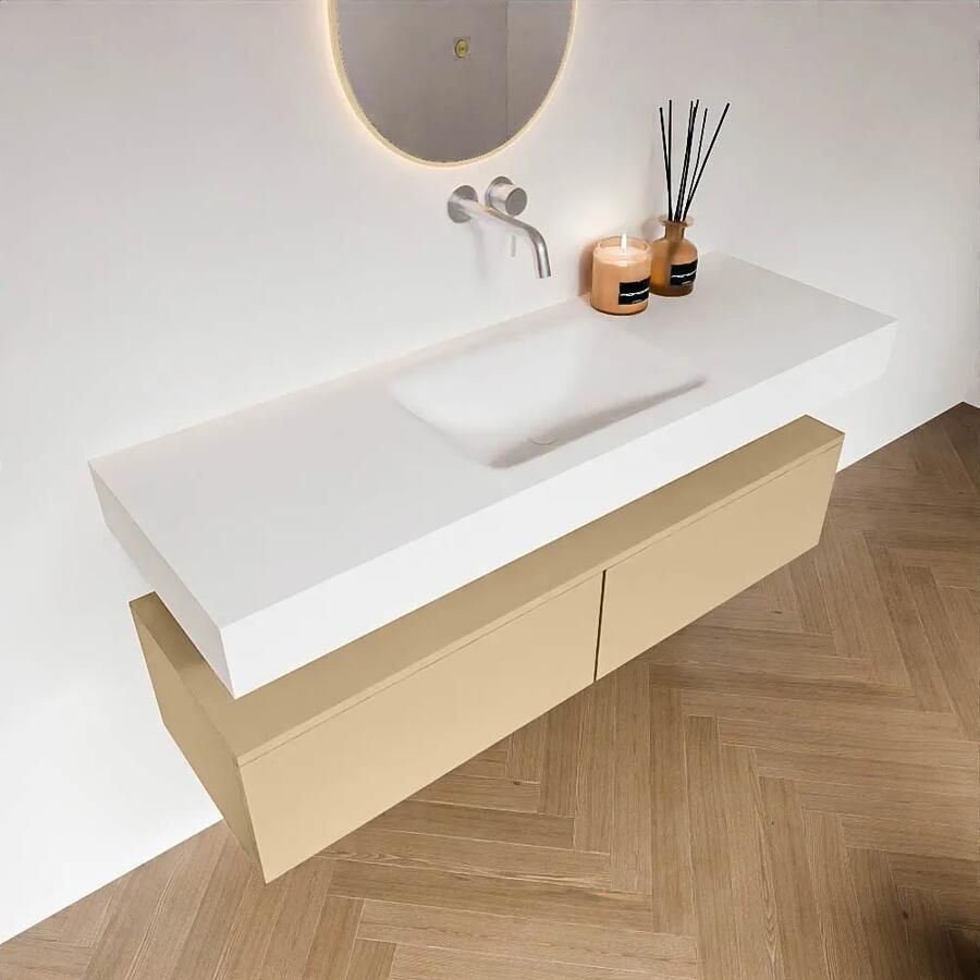 Zaro Alan badmeubel 140cm sand 2 lades met vrijhangende wastafel cloud midden zonder kraangat talc