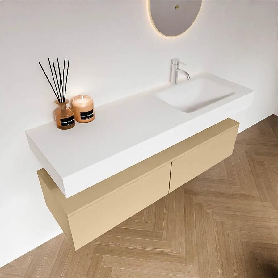 Zaro Alan badmeubel 140cm sand 2 lades met vrijhangende wastafel cloud rechts 1 kraangat talc