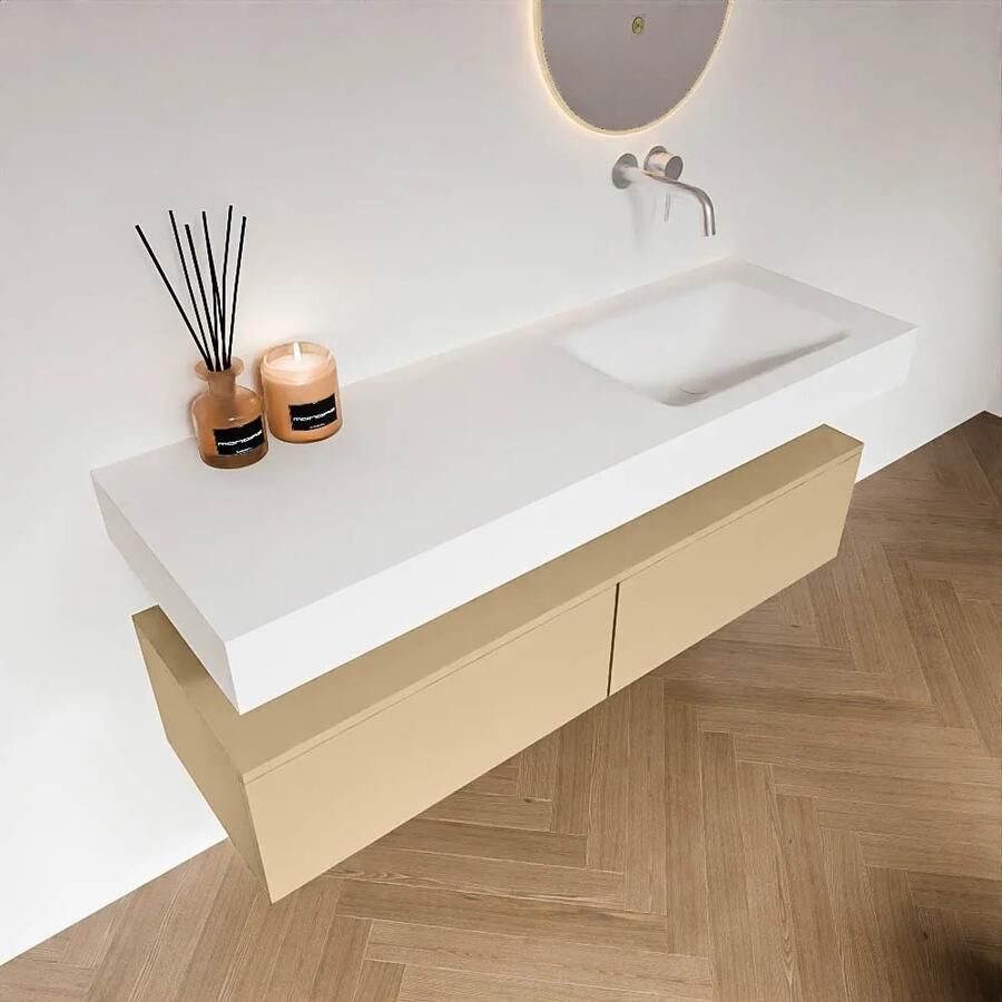 Zaro Alan badmeubel 140cm sand 2 lades met vrijhangende wastafel cloud rechts zonder kraangat talc