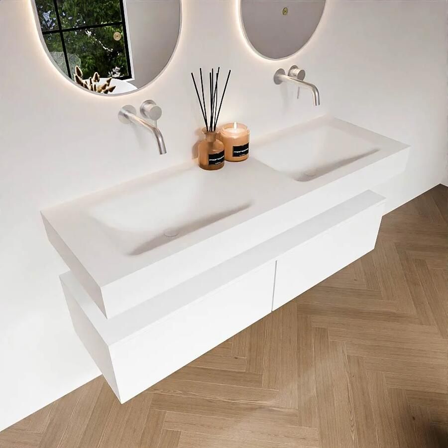 Zaro Alan badmeubel 140cm talc 2 lades met vrijhangende wastafel cloud dubbel zonder kraangat talc