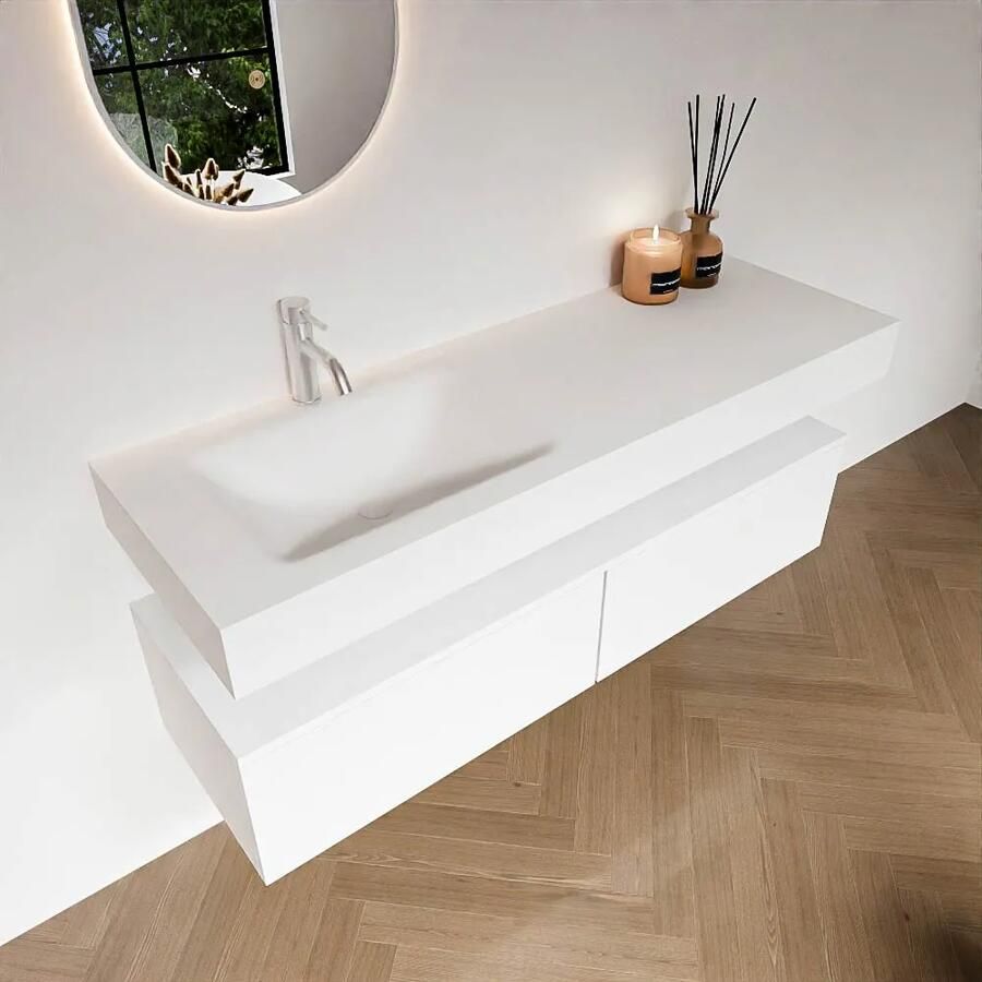 Zaro Alan badmeubel 140cm talc 2 lades met vrijhangende wastafel cloud links 1 kraangat talc