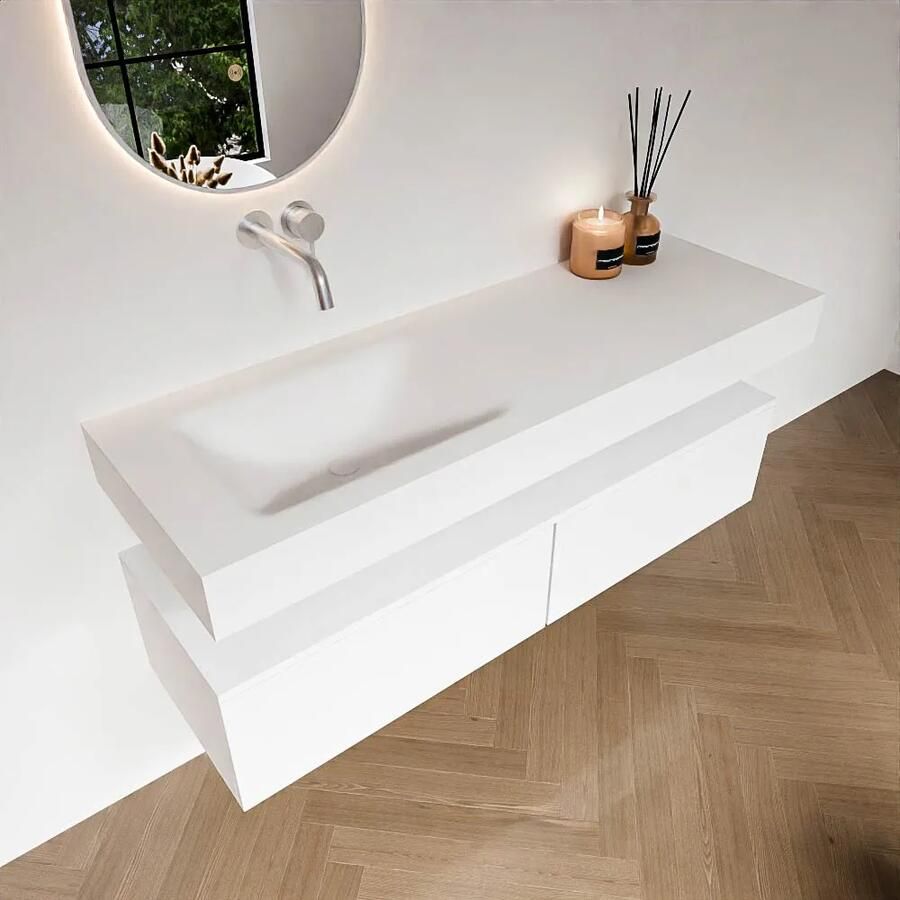 Zaro Alan badmeubel 140cm talc 2 lades met vrijhangende wastafel cloud links zonder kraangat talc