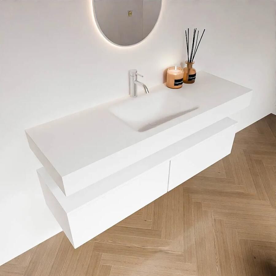 Zaro Alan badmeubel 140cm talc 2 lades met vrijhangende wastafel cloud midden 1 kraangat talc