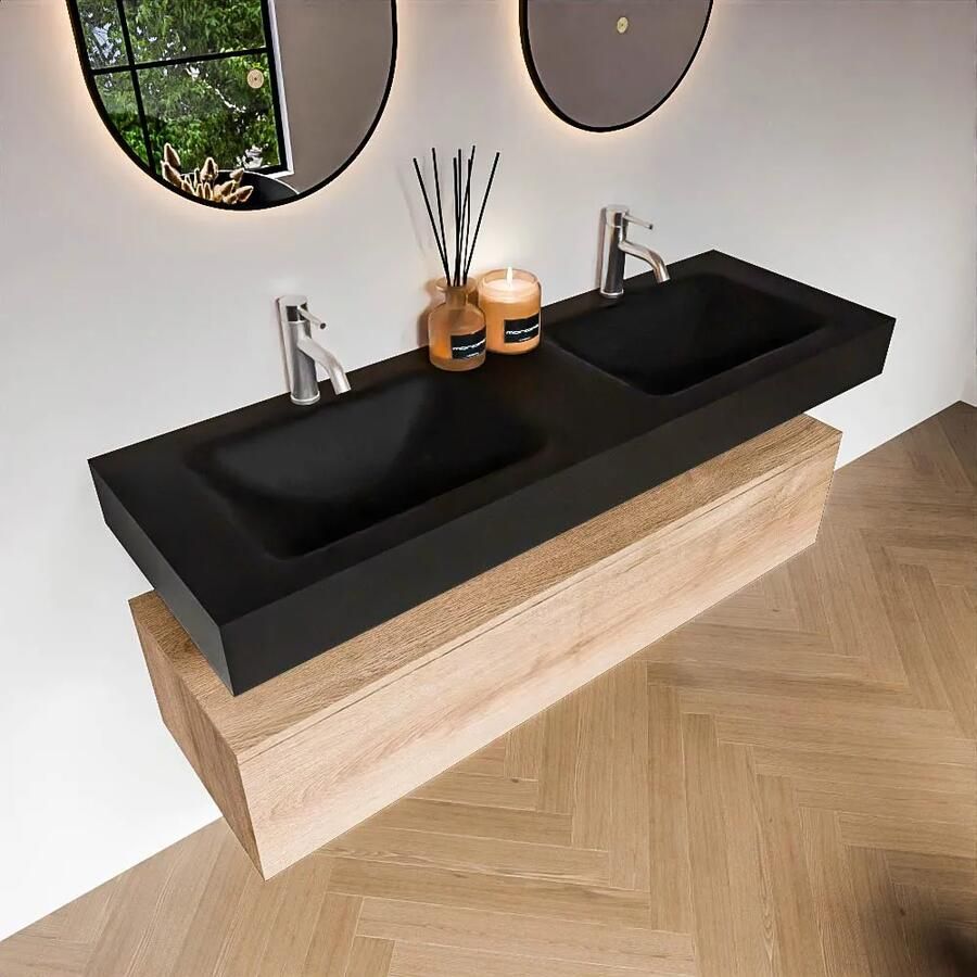 Zaro Alan badmeubel 140cm washed oak 1 lade met vrijhangende wastafel cloud dubbel 2 kraangaten urban