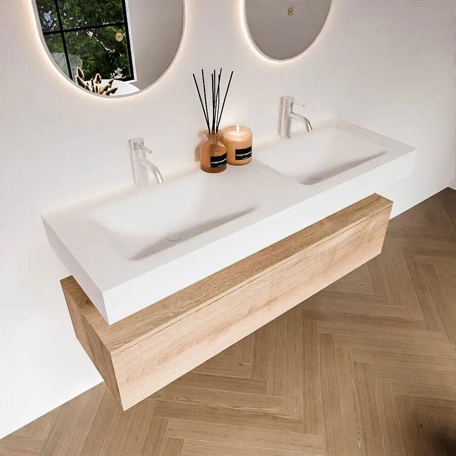 Zaro Alan badmeubel 140cm washed oak 1 lade met vrijhangende wastafel cloud dubbel 2 kraangaten talc