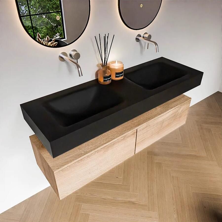 Zaro Alan badmeubel 140cm washed oak 2 lades met vrijhangende wastafel cloud dubbel zonder kraangat urban