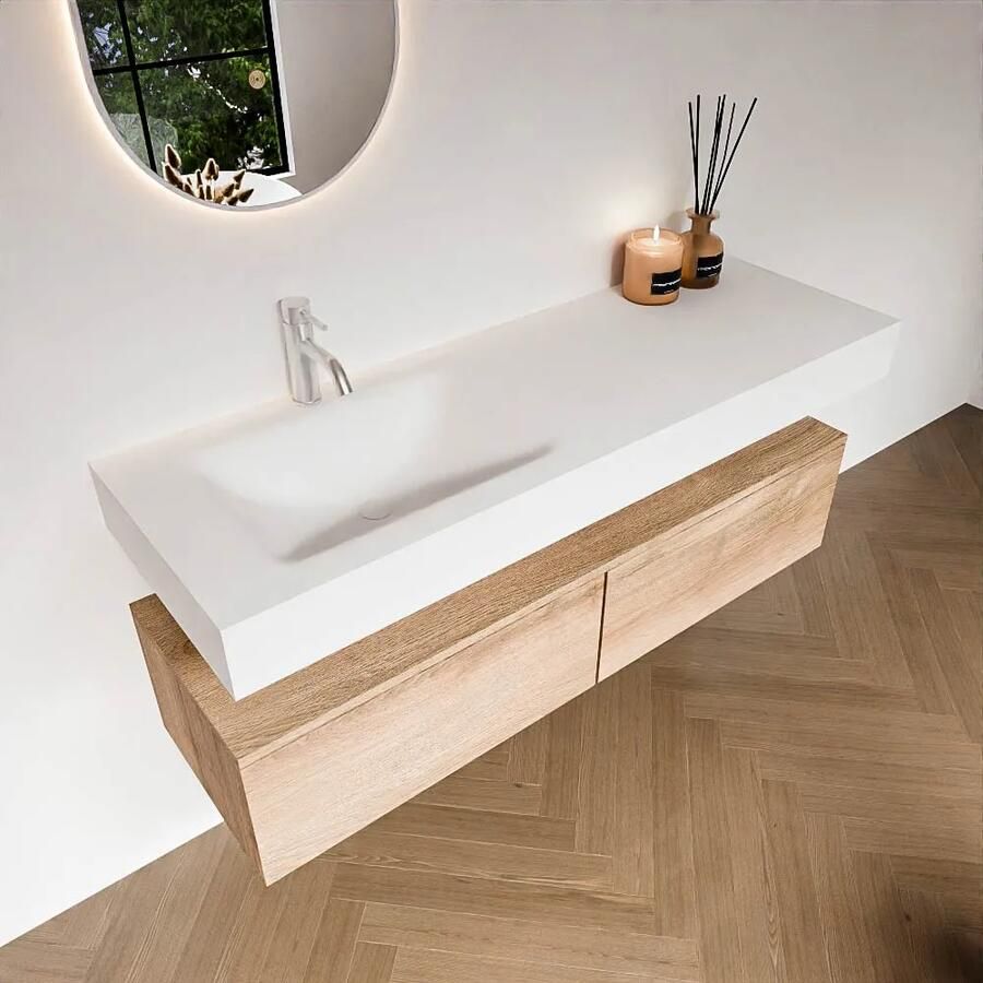 Zaro Alan badmeubel 140cm washed oak 2 lades met vrijhangende wastafel cloud links 1 kraangat talc