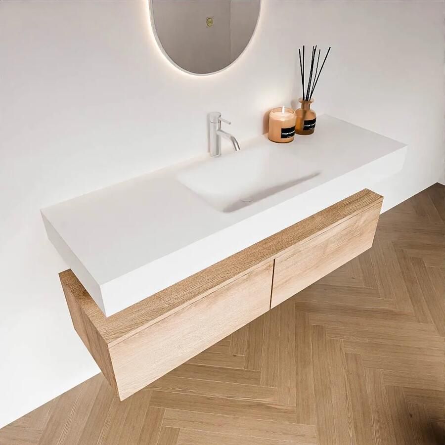 Zaro Alan badmeubel 140cm washed oak 2 lades met vrijhangende wastafel cloud midden 1 kraangat talc