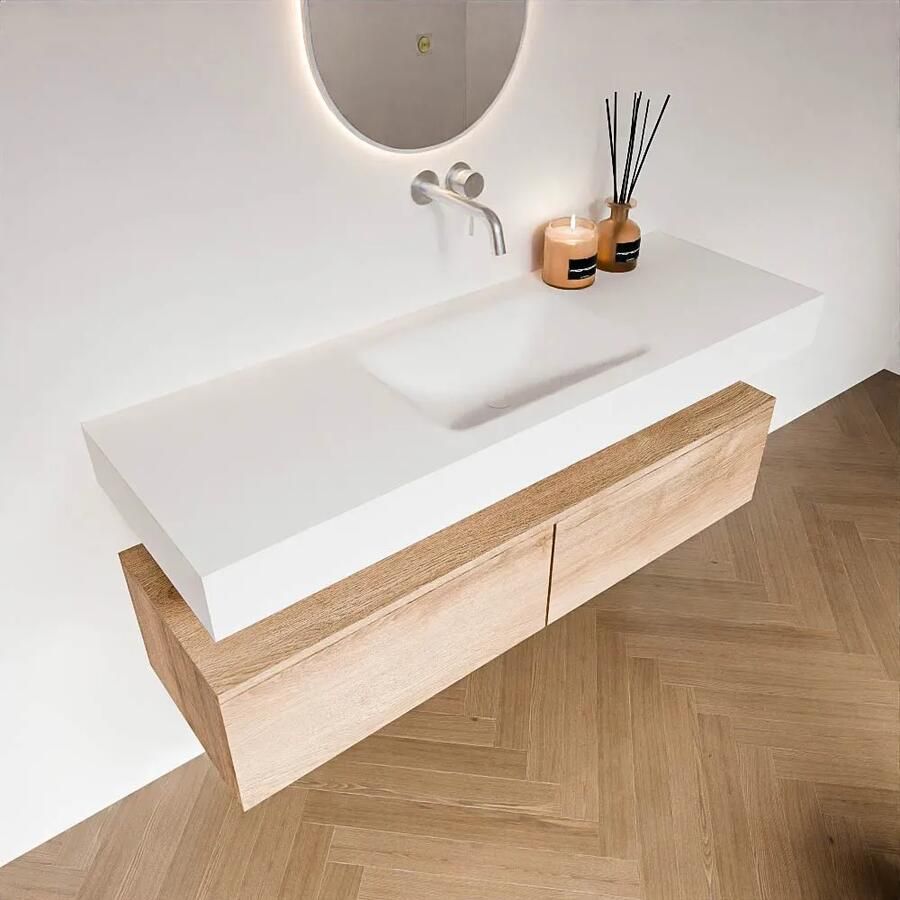 Zaro Alan badmeubel 140cm washed oak 2 lades met vrijhangende wastafel cloud midden zonder kraangat talc