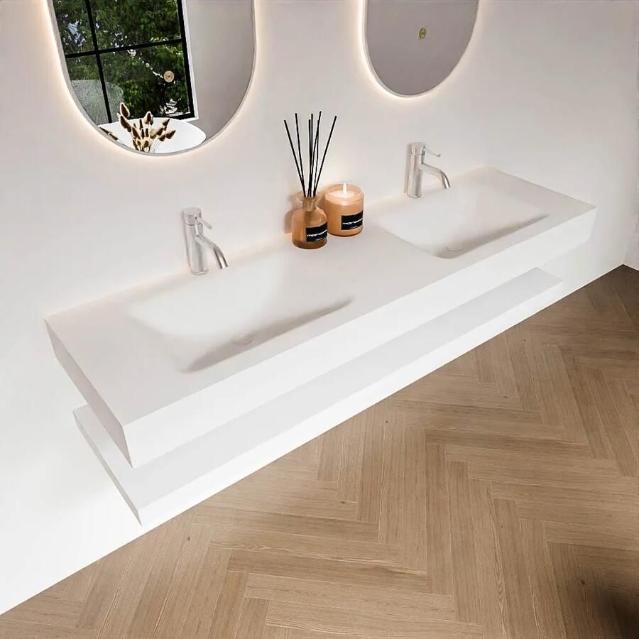 Zaro Alan badmeubel 160cm met planchet talc en vrijhangende wastafel cloud dubbel 2 kraangaten talc