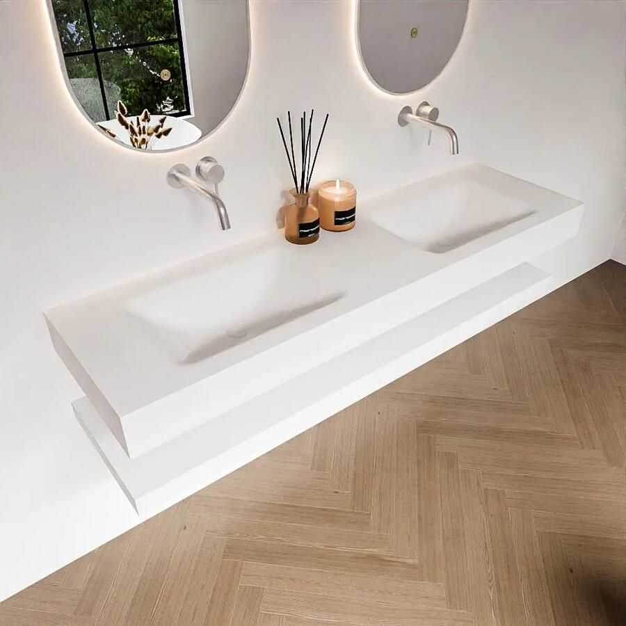 Zaro Alan badmeubel 160cm met planchet talc en vrijhangende wastafel cloud dubbel zonder kraangat talc