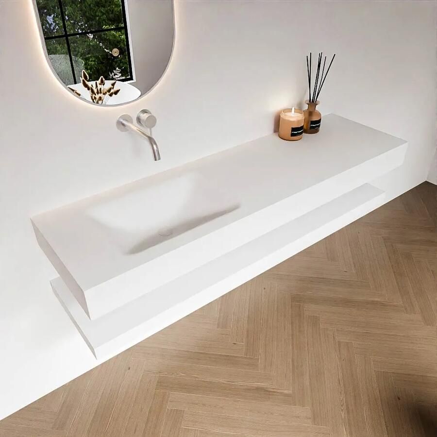 Zaro Alan badmeubel 160cm met planchet talc en vrijhangende wastafel cloud links zonder kraangat talc