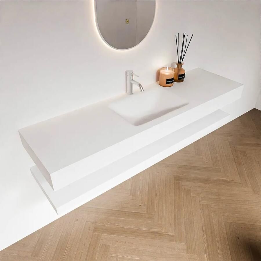 Zaro Alan badmeubel 160cm met planchet talc en vrijhangende wastafel cloud midden 1 kraangat talc