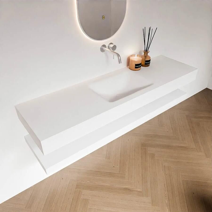 Zaro Alan badmeubel 160cm met planchet talc en vrijhangende wastafel cloud midden zonder kraangat talc