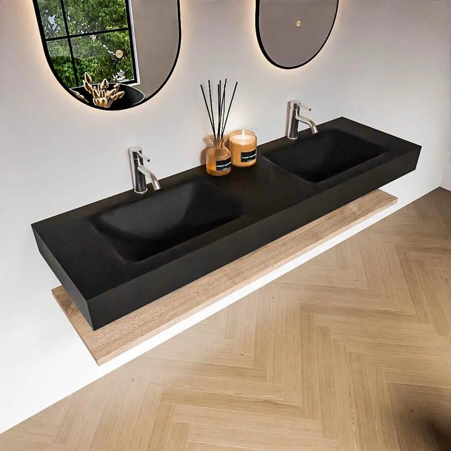 Zaro Alan badmeubel 160cm met planchet washed oak en vrijhangende wastafel cloud dubbel 2 kraangaten urban