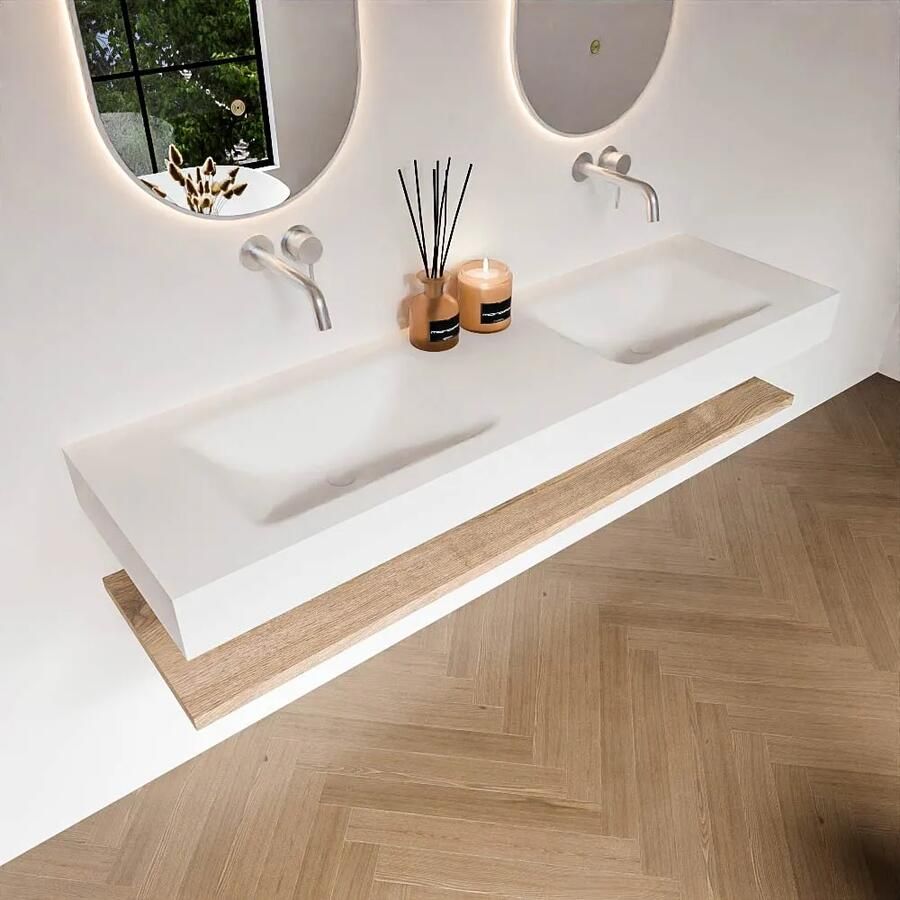 Zaro Alan badmeubel 160cm met planchet washed oak en vrijhangende wastafel cloud dubbel zonder kraangat talc