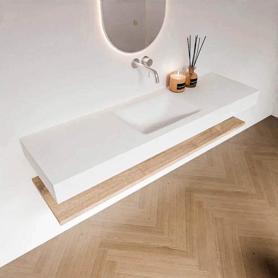 Zaro Alan badmeubel 160cm met planchet washed oak en vrijhangende wastafel cloud midden zonder kraangat talc