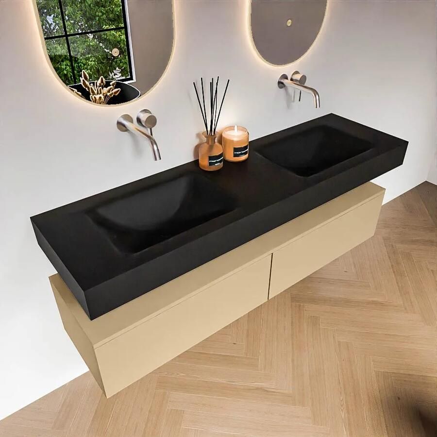 Zaro Alan badmeubel 160cm sand 2 lades met vrijhangende wastafel cloud dubbel zonder kraangat urban