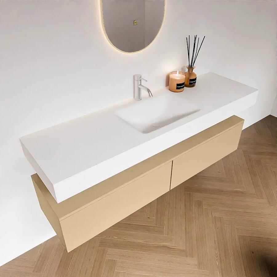 Zaro Alan badmeubel 160cm sand 2 lades met vrijhangende wastafel cloud midden 1 kraangat talc