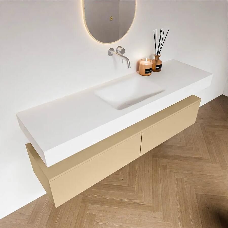 Zaro Alan badmeubel 160cm sand 2 lades met vrijhangende wastafel cloud midden zonder kraangat talc