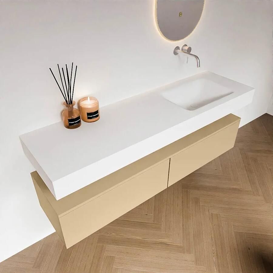 Zaro Alan badmeubel 160cm sand 2 lades met vrijhangende wastafel cloud rechts zonder kraangat talc