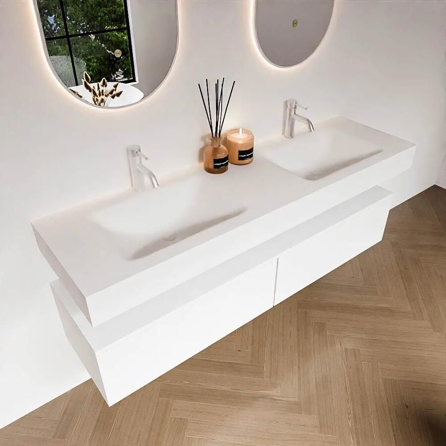 Zaro Alan badmeubel 160cm talc 2 lades met vrijhangende wastafel cloud dubbel 2 kraangaten talc