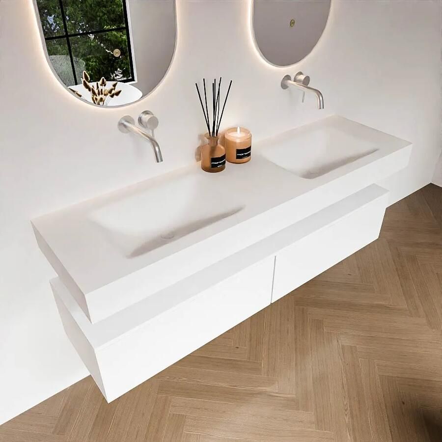 Zaro Alan badmeubel 160cm talc 2 lades met vrijhangende wastafel cloud dubbel zonder kraangat talc