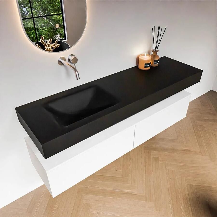 Zaro Alan badmeubel 160cm talc 2 lades met vrijhangende wastafel cloud links zonder kraangat urban