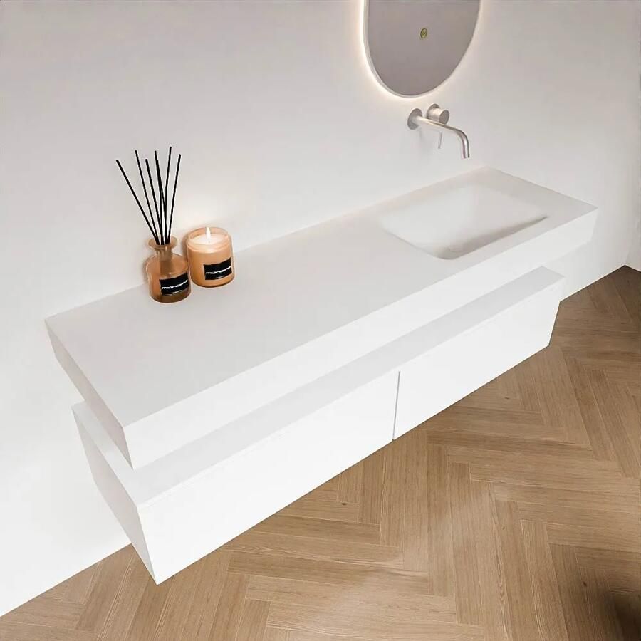 Zaro Alan badmeubel 160cm talc 2 lades met vrijhangende wastafel cloud rechts zonder kraangat talc