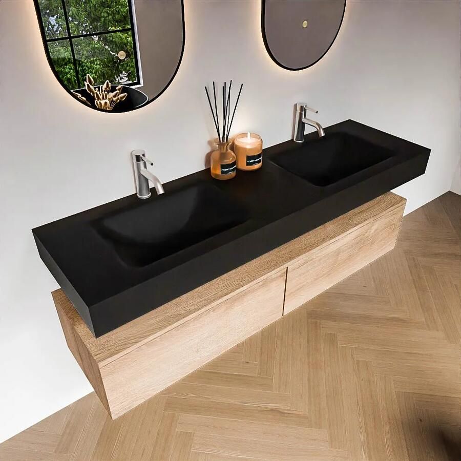 Zaro Alan badmeubel 160cm washed oak 2 lades met vrijhangende wastafel cloud dubbel 2 kraangaten urban