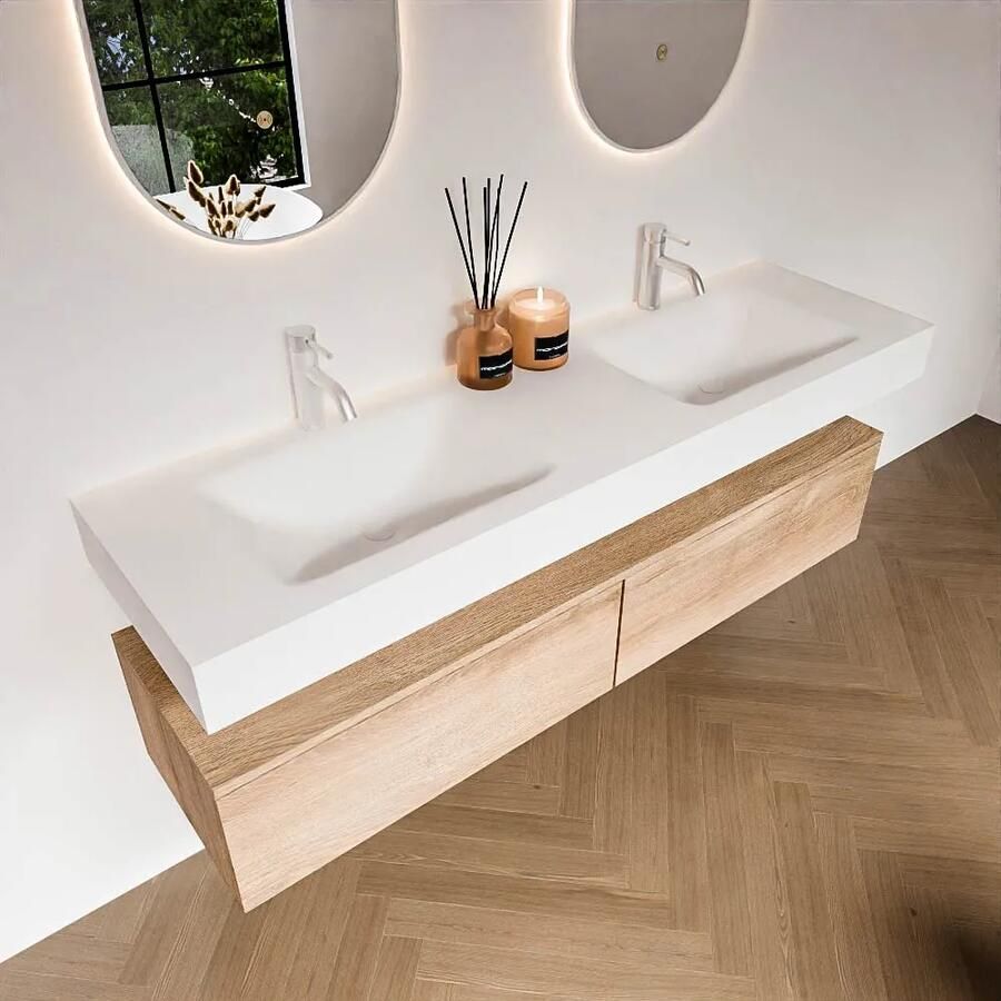 Zaro Alan badmeubel 160cm washed oak 2 lades met vrijhangende wastafel cloud dubbel 2 kraangaten talc