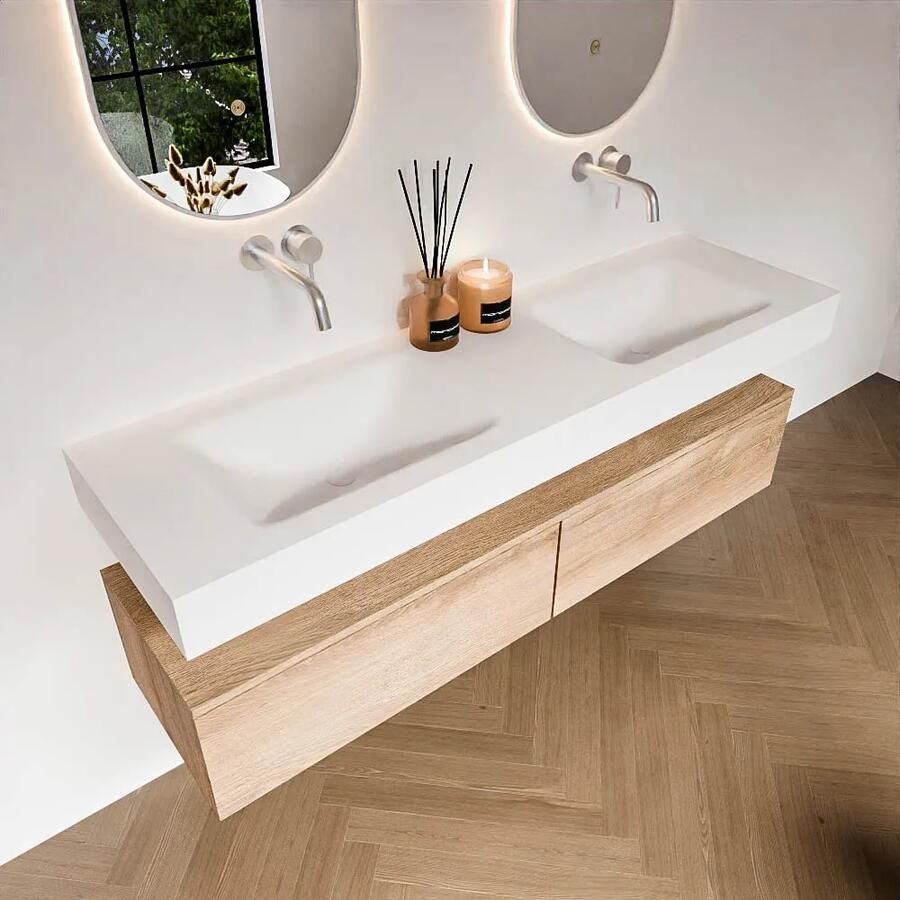 Zaro Alan badmeubel 160cm washed oak 2 lades met vrijhangende wastafel cloud dubbel zonder kraangat talc