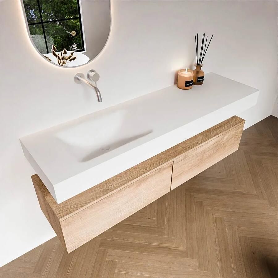 Zaro Alan badmeubel 160cm washed oak 2 lades met vrijhangende wastafel cloud links zonder kraangat talc