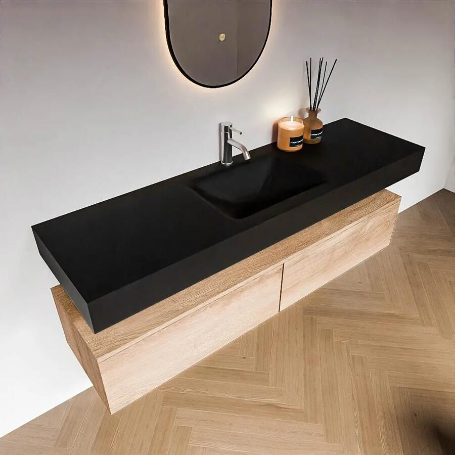 Zaro Alan badmeubel 160cm washed oak 2 lades met vrijhangende wastafel cloud midden 1 kraangat urban