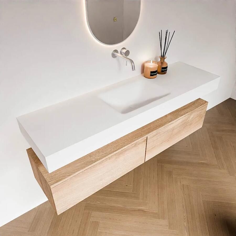 Zaro Alan badmeubel 160cm washed oak 2 lades met vrijhangende wastafel cloud midden zonder kraangat talc