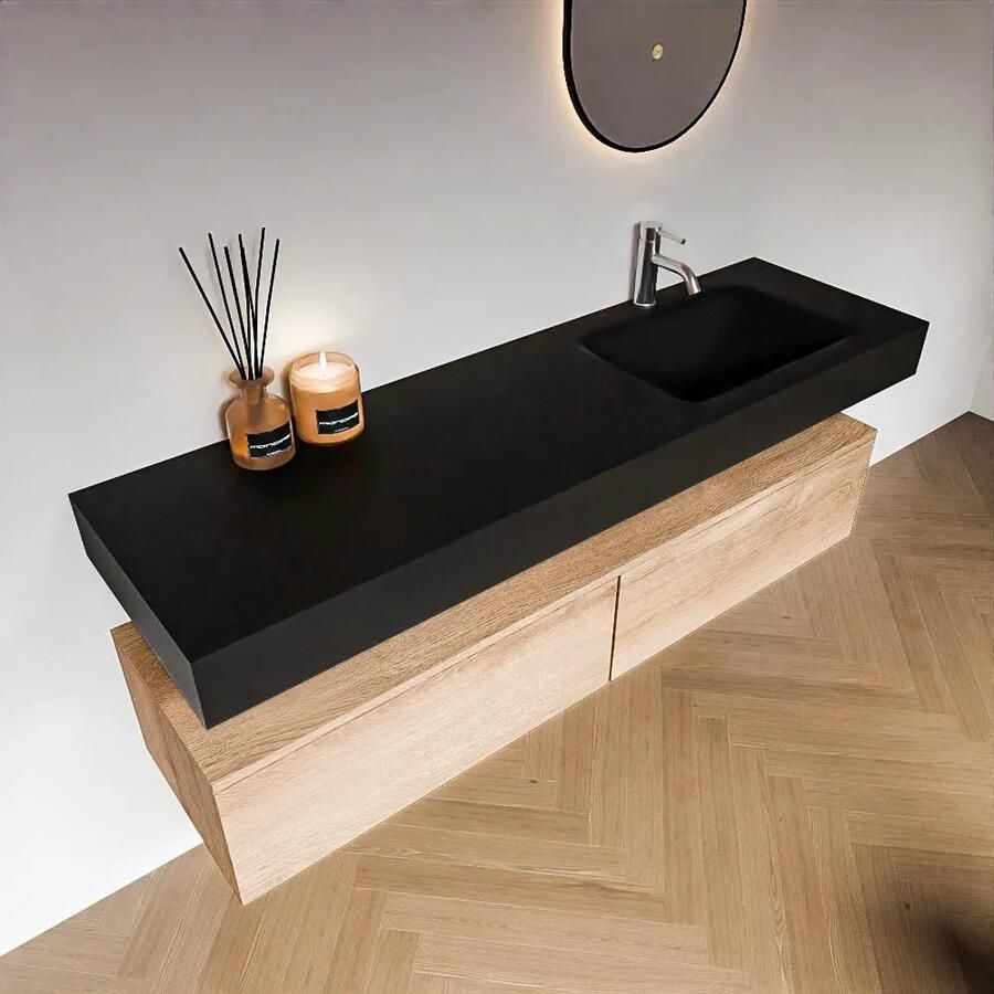 Zaro Alan badmeubel 160cm washed oak 2 lades met vrijhangende wastafel cloud rechts 1 kraangat urban