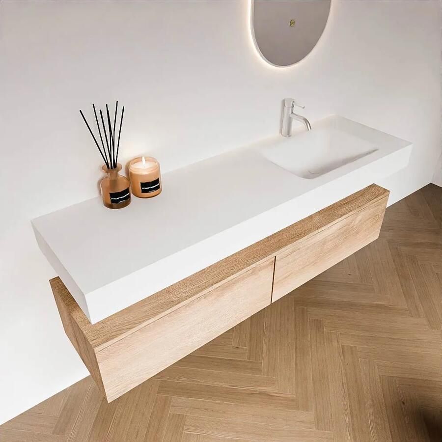 Zaro Alan badmeubel 160cm washed oak 2 lades met vrijhangende wastafel cloud rechts 1 kraangat talc