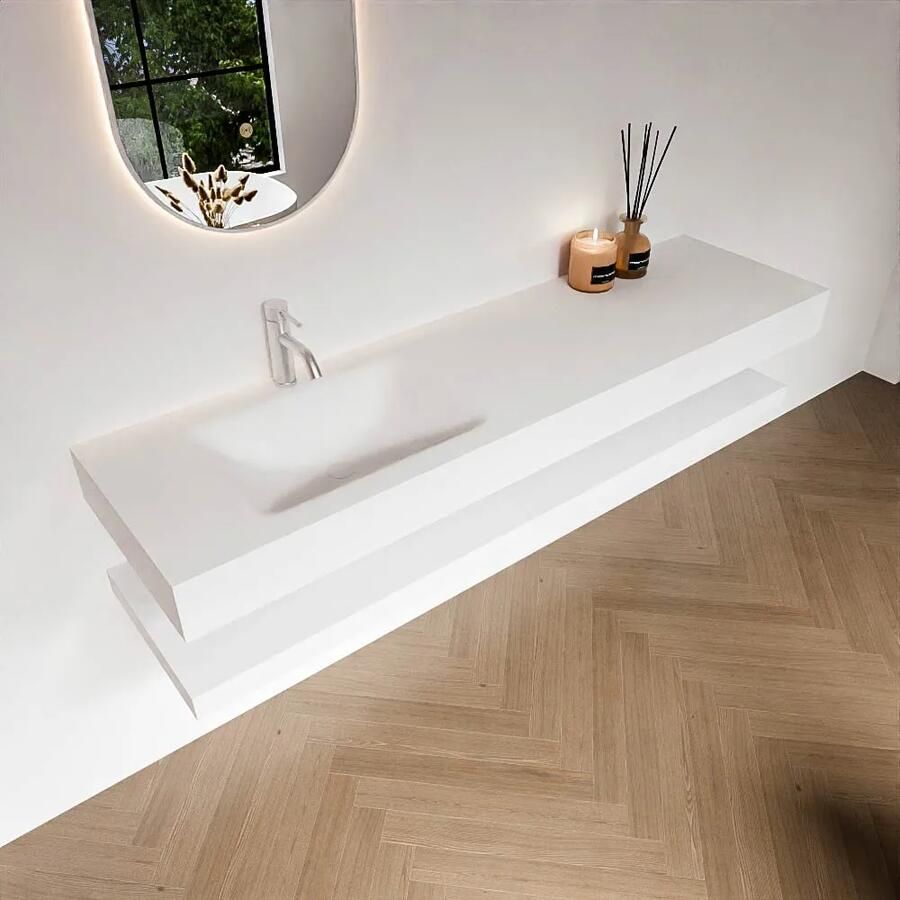 Zaro Alan badmeubel 170cm met planchet talc en vrijhangende wastafel cloud links 1 kraangat talc